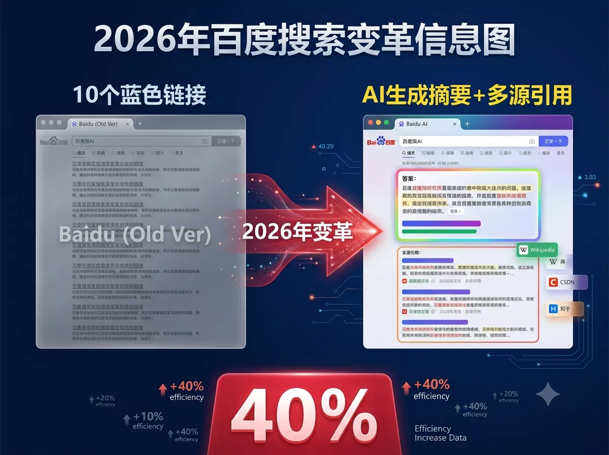 2026年百度搜索从10个蓝色链接变为AI生成摘要的变革对比图.webp 2026年百度搜索从10个蓝色链接变为AI生成摘要的变革对比图.webp