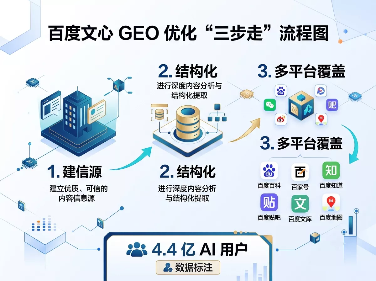 百度文心GEO优化三步走方法论示意图.webp 百度文心GEO优化三步走方法论示意图.webp